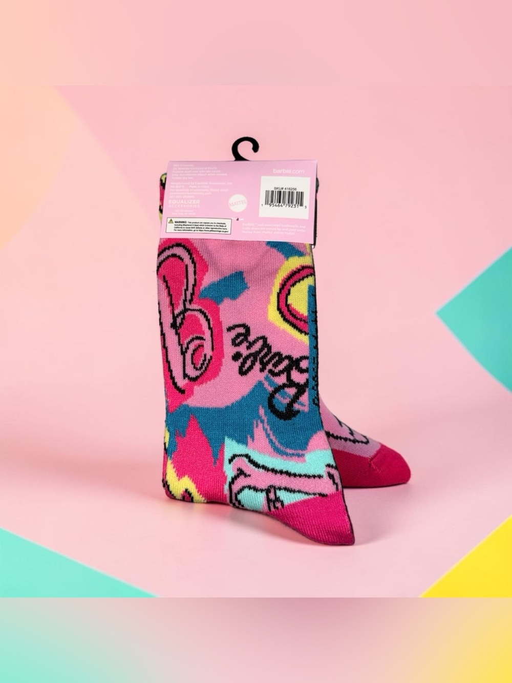 Barbie Pink Crew Socks with Turquoise & Yellow Accents - Picture 3 of 3